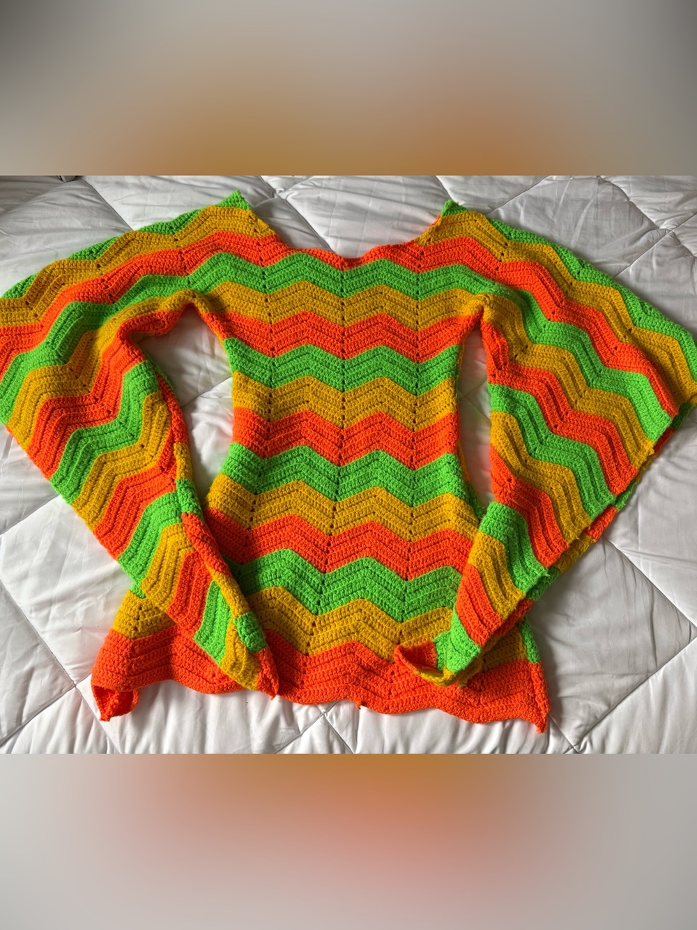 Vintage 70s Handmade Chevron Crochet Bell Sleeve Tunic Mini Dress
